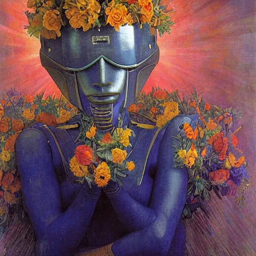 Prompt: masterpiece painting of the robot queen wearing a mask made of flowers, by annie swynnerton and diego rivera and jean delville, symbolist, dramatic lighting, god rays, elaborate geometric ornament, art brut, soft cool colors, smooth, sharp focus, extremely detailed, adolf wolfli