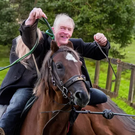 Prompt: an irishman on a horse drinking a guinness