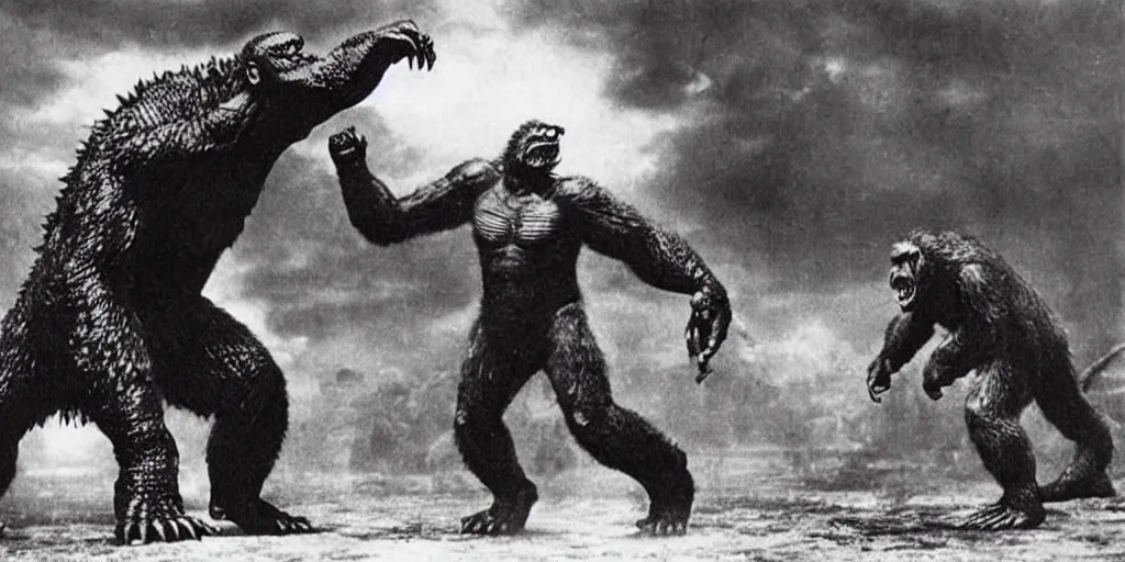 Image similar to “Godzilla fighting King Kong, 1900’s photo”