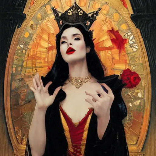 Image similar to portrait of a very beautiful queen vampire, top half of body, crown on head, pensive expression, by Stanley Artgerm Lau, greg rutkowski, thomas kindkade, alphonse mucha, loish, norman rockwell, J. C. Leyendecker. dark black hair, pale skin, detailed eyes, red lips. royalty. Trending on artstation rule of thirds extremely detailed illustration hd 4k