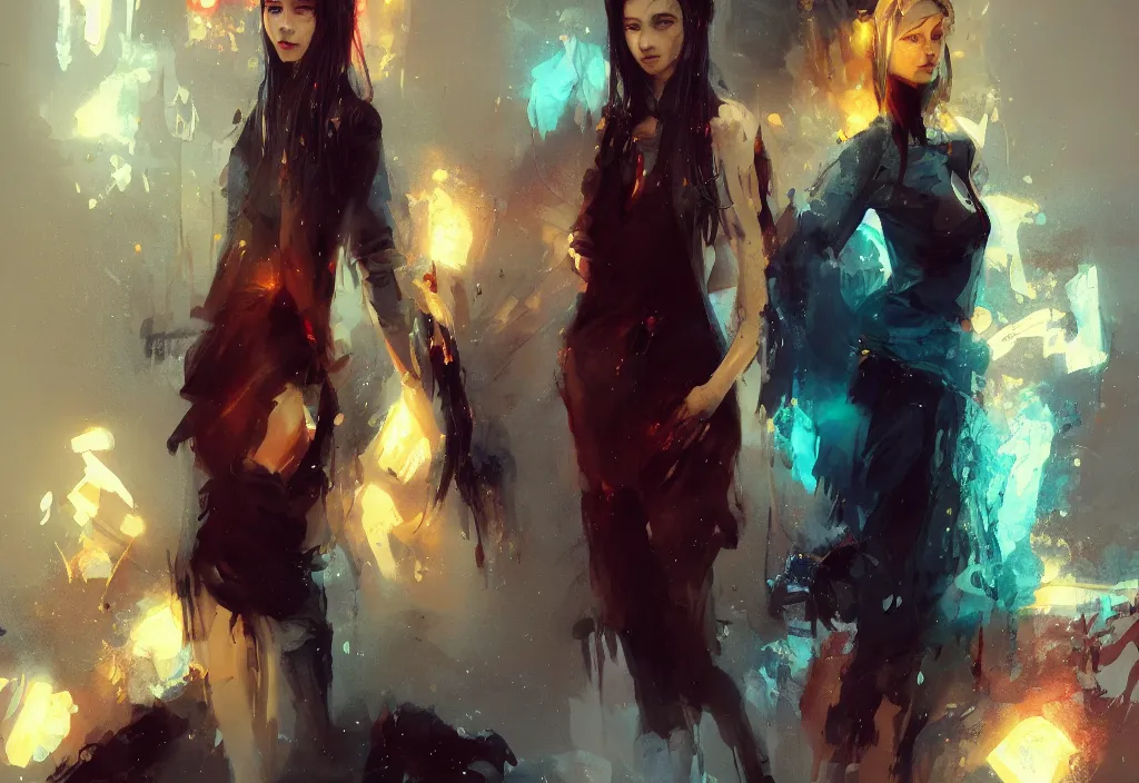 Prompt: full body portrait of a duo of 2 0 years old girl figures, messy hair, oriental tattoos, wearing dark tailored suits, beautiful, dramatic, cinematic lighting, phtalo blue, lemon, fire red, few vivid highlights, by greg rutkowski and jeremy mann and guweiz, oil on canvas, artstation, pixiv