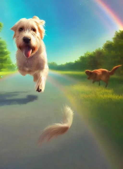 Image similar to a singular beautiful smiling dog running happily towards its owner, ethereal heavenly rainbow bridge in the background behind the dog, tall golden heavenly gates, amazing, stunning artwork, featured on artstation, cgosciety, behance