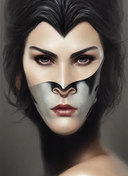 Prompt: cool and bored looking lady with small horns in black leather mask, artistic portrait, beautiful eyes and nose and lips, art by artgerm and greg rutkowski and magali villeneuve, highly detailed, digital painting, trending on artstation, concept art, sharp focus, illustration