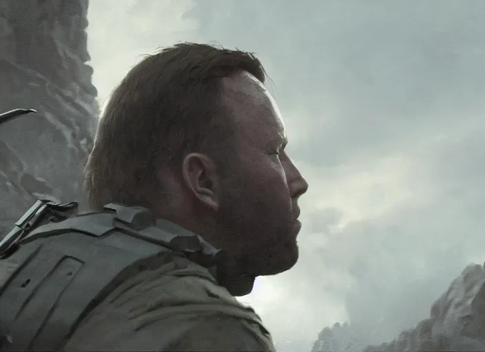 Prompt: close up cinematic artwork of Alex Jones staring down the enemy on the battlefield by Greg Rutkowski, 4k, masterpiece