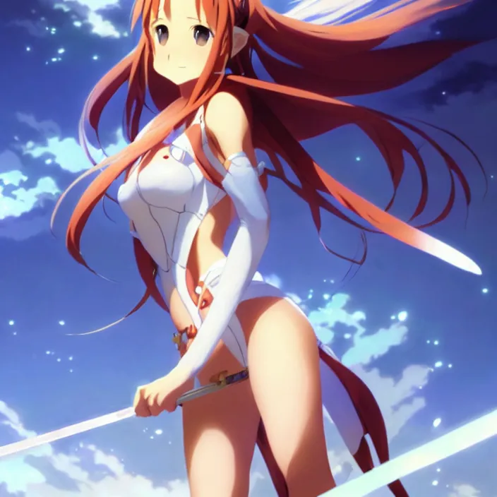 Image similar to very beautifu photo of asuna from sao, asuna by a - 1 pictures, by greg rutkowski, gil elvgren, enoch bolles, glossy skin, pearlescent, anime, maxim magazine, very coherent, mega detailed