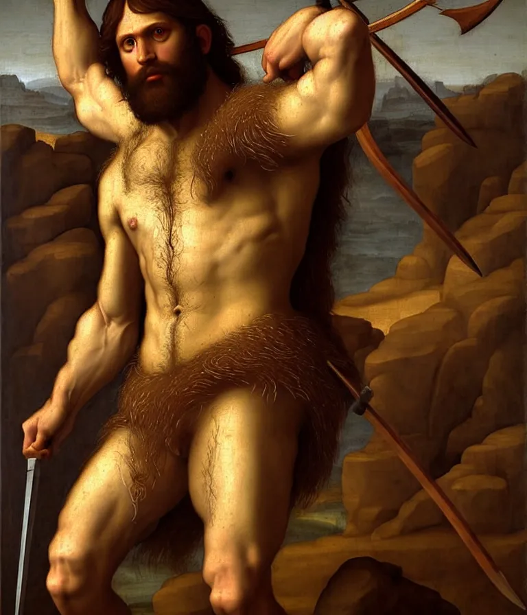 Image similar to renaissance painting full body portrait of a gruff ranger with a spear, lean and toned, handsome face, hairy chest and hairy body, D&D, intricate, elegant, highly detailed, digital painting, artstation, concept art, matte, sharp focus, chiaroscuro, well list, illustration, art by da Vinci, Artgerm and Greg Rutkowski and Alphonse Mucha