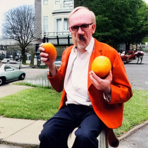 Image similar to photograph of hugh hopper on a street corner eating an orange holding a pepsi