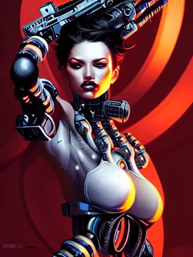 Prompt: the woman of my dreams is a cyborg assassin supermodel : : illustrated by artgerm, karol bak, android jones, nychos