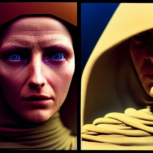 Image similar to colour aesthetic highly detailed photography character from dune ( 2 0 2 1 ) by alejandro hodorovski and denis villeneuve and gregory crewdson style with ultra hyperrealistic very highly detailed faces. with many details by andrei tarkovsky and caravaggio in sci - fi style. volumetric natural light hyperrealism photo on leica m - a kodak portra 4 0 0