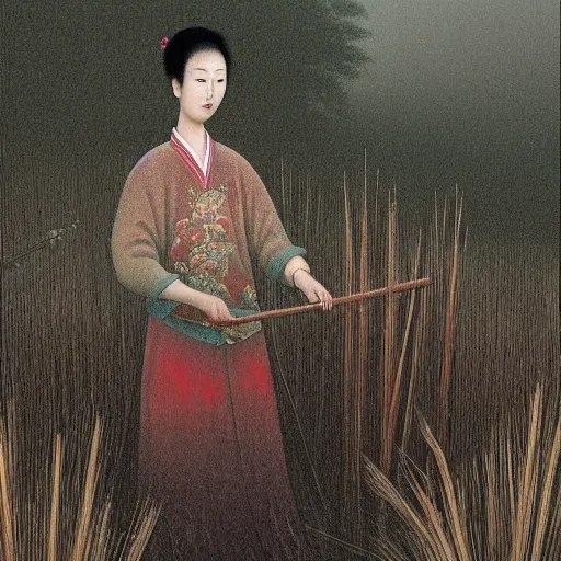 Image similar to The beautiful lover stands among the reeds by the river in the fog, Chinese style,