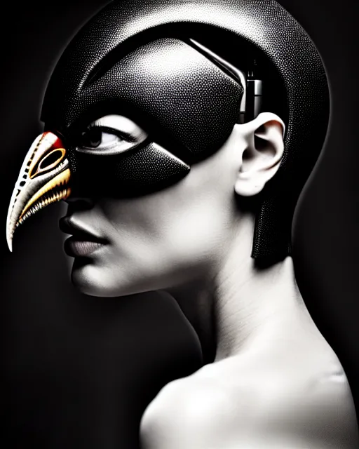 Image similar to a profile portrait, a stunning young woman - cyborg with a mutant crow head, editorial photography, bw, shot on 7 0 mm, depth of field, f / 2. 8, high contrast, 1 6 k, volumetric lighting, shiny, insanely detailed and intricate, hypermaximalist, elegant, ornate, hyper realistic, super detailed