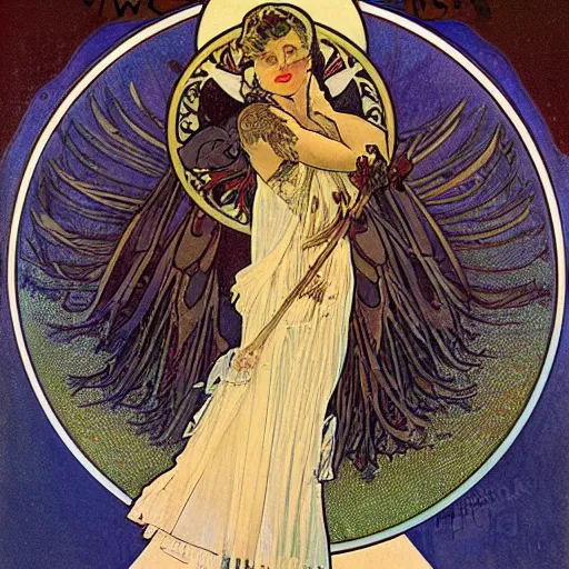 Image similar to a raven in front of a red moon by alphonse mucha