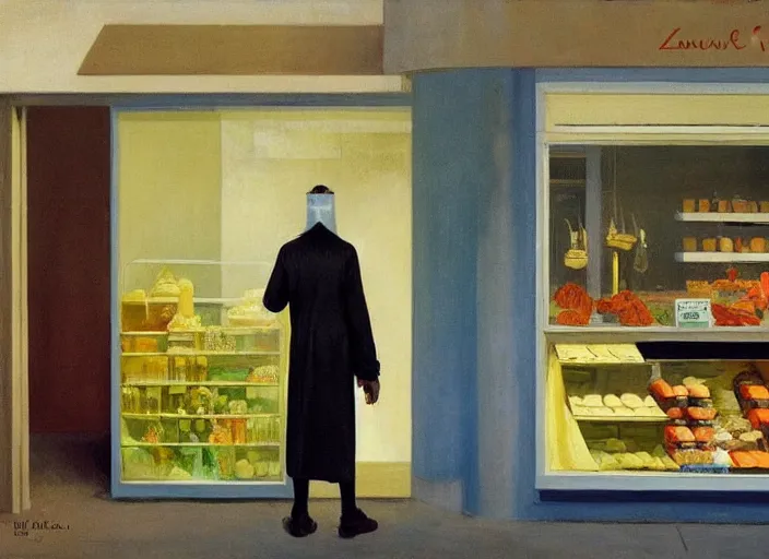 Image similar to man in a translucent dress made from plastic bag with paper bags for clothes standing inside paper bags with paper bag over the head at store in line for an ice cream cart display Edward Hopper and James Gilleard, Zdzislaw Beksinski, highly detailed