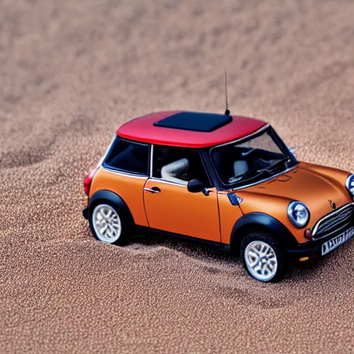 Image similar to a 4 k photorealistic photo of a miniature mini cooper car on a sandy beach, natural lighting, outdoors, highly detailed macro photography, shallow depth of field, full shot