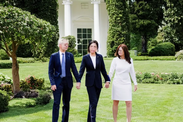 Prompt: beautiful 3 5 year old female president wearing suit alone in the white house rose garden with her two boyfriends, holding hands, press photo, dslr, bokeh, romantic