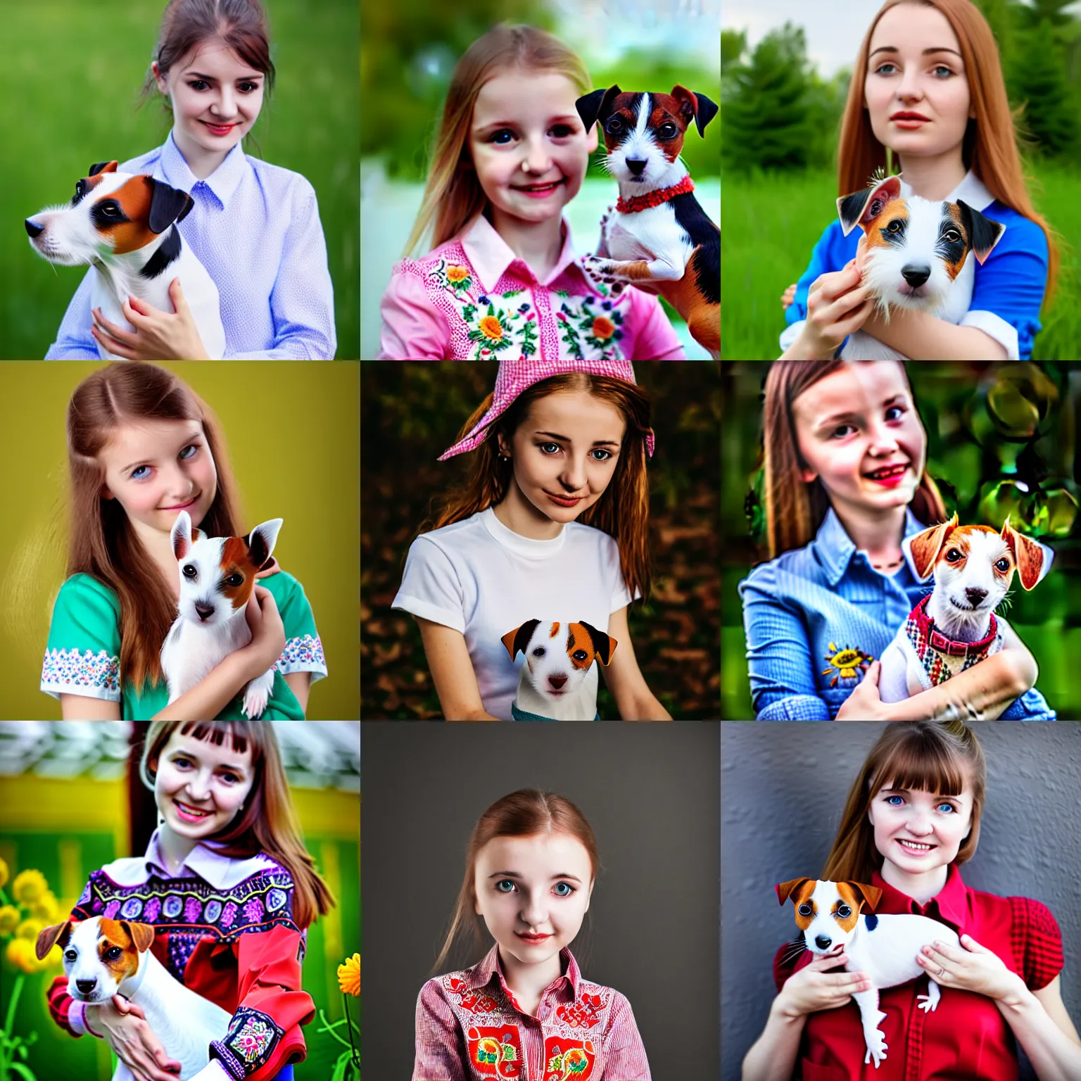 Prompt: Ukrainian girl in embroidered shirt holding jack russell terrier