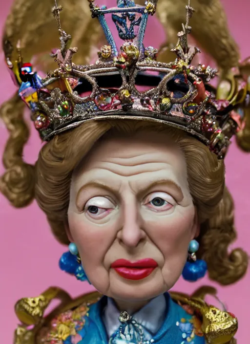 Image similar to closeup face profile portrait of tin toy margaret thatcher as a fairytale princess wearing a crown eating cakes, bikini, depth of field, zeiss lens, detailed, symmetrical, centered, fashion photoshoot, by nicoletta ceccoli, mark ryden, lostfish, breathtaking, 8 k resolution, extremely detailed, beautiful, establishing shot, artistic, hyperrealistic, octane render