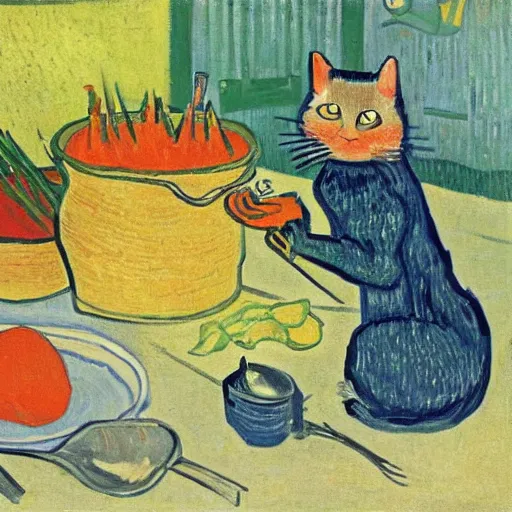 Image similar to the cat cooks soup, stirring a pot with a ladle and cutting vegetables, oil painting, drawn by Van Gogh