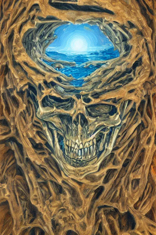 Image similar to skeleton rock bank, art by danny flynn and simon bisley, trending on artstation, halfrear lighting camera view from above naturalism, oil and canvas, very very intricate, post - modernism