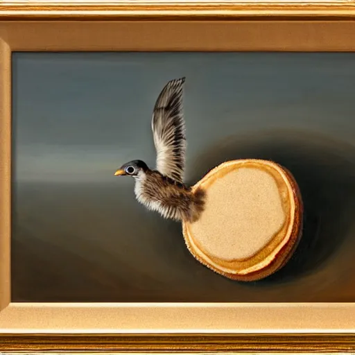 Image similar to a cartoon anthropomorphic pancake leaving the nest to fly for the first time, oil on canvas, portrait, intricate, 8k highly professionally detailed, HDR, CGsociety