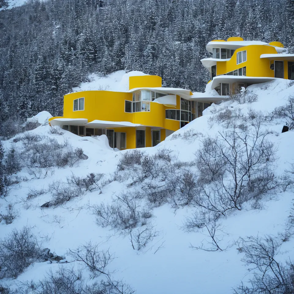 Prompt: a mid-century modern house on top of a cliff in the arctic, covered with snow, designed by Frank Gehry, with a long pathway toward it. Big tiles. Film grain, cinematic, yellow hue