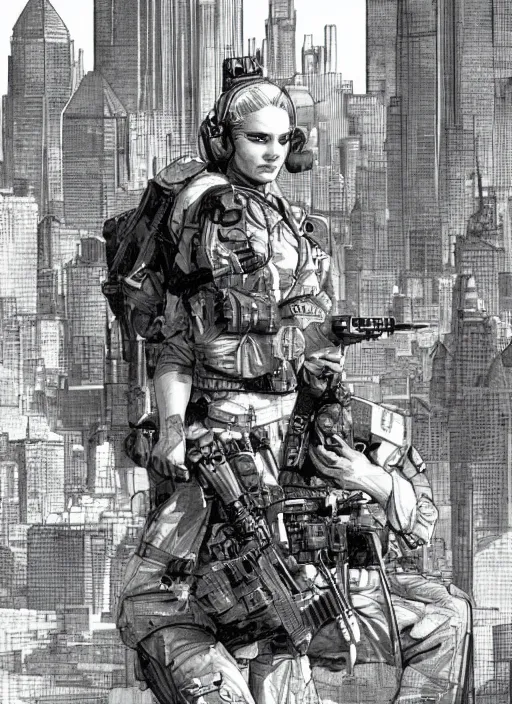 Image similar to Dinah. USN special forces operator looking at city skyline. Futuristic gear. mgs and rb6s Concept art by James Gurney and Alphonso Mucha.