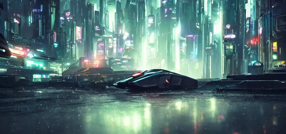 Image similar to view from the ground of a futuristic cyberpunk city at night in rain, with flying cars, symmetry, cinematic lighting, ultra detailed, sharp, ambient occlusion, raytracing, by greg rutowski, paul chadeisson and jessica rossier