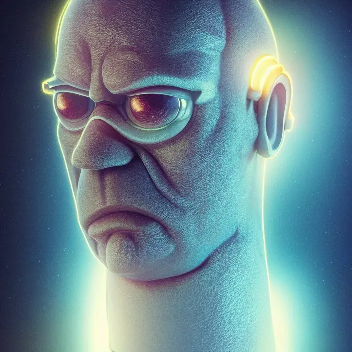 Image similar to portrait art of 8k ultra realistic retro futuristic Homer Simpson, lens flare, atmosphere, glow, detailed,intricate,blade runner, cybernetic, full of colour, cinematic lighting, trending on artstation, 4k, hyperrealistic, focused, extreme details, unreal engine 5, cinematic, masterpiece, art by ayami kojima, giger