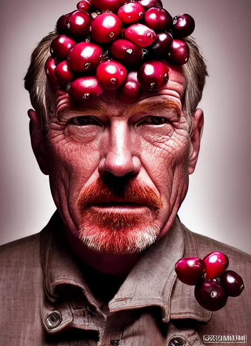 Image similar to cranberries fused with bryan cranston, red berry skin, cranberry helmet, studio light, bloom, detailed face, magazine, press, photo, steve mccurry, david lazar, canon, nikon, focus