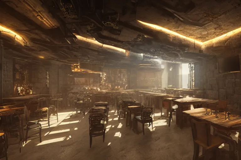 Prompt: ultra mega super hyper realistic Digital concept interior design of cyberpunk tavern with stone walls and neon lights many details by Hiromasa Ogura. Natural white sunlight from the transperient roof. Rendered in VRAY and DaVinci Resolve and MAXWELL and LUMION 3D, Volumetric natural light