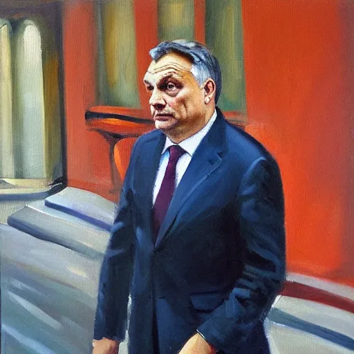 Prompt: viktor orban waiting in a queue, oil painting
