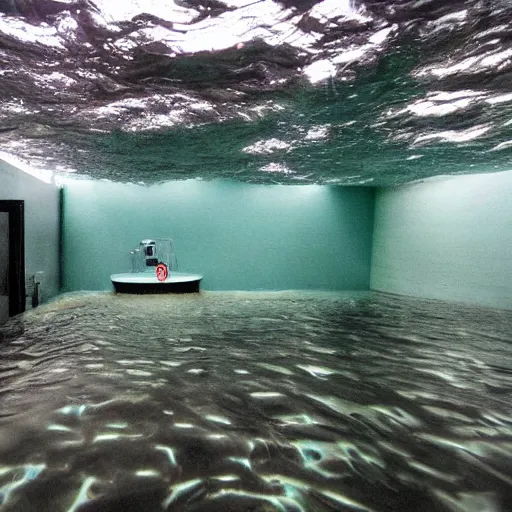 Image similar to photo of a bizarre oddly-shaped interior submerged by one foot deep water everywhere