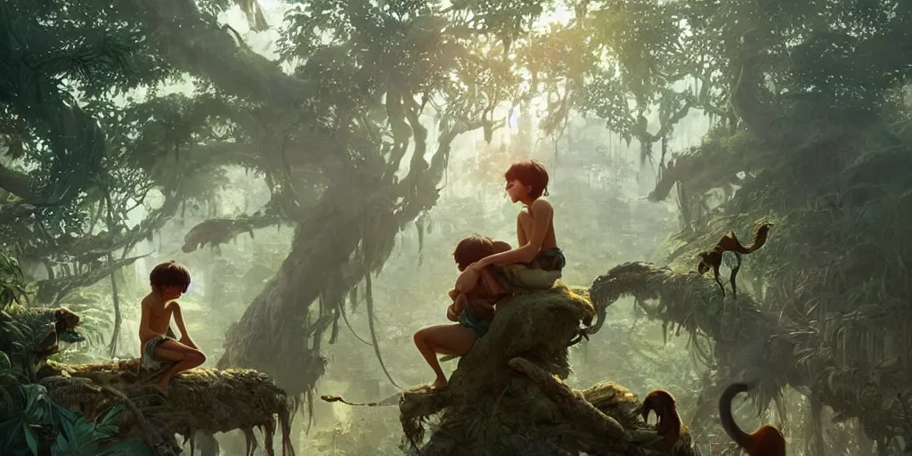 Image similar to still from the jungle book if made by krenz cushart and wenjun lin, portrait, illustration, rim light, top light, summer clear blue sky, perfectly shaded, soft painting, epic, intricate, art