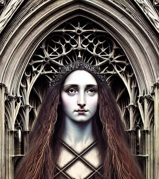 Prompt: hyperrealistic detailed face portrait of a beautiful long haired young goddess morphing into a gothic cathedral, authentic ornamental architecture, art by ernst haeckel, android jones, h. r. giger, gothic, neo - gothic, heavily ornamental,