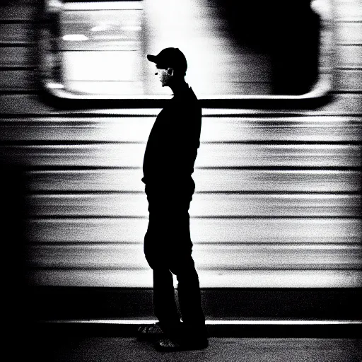 Prompt: tony hawk with his legs cut off crying on a subway train, photograph, black and white, emotional lighting, moody shadows, 4 k