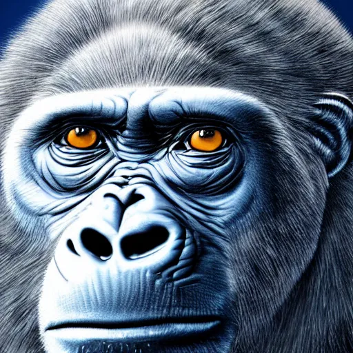 Image similar to A ((((potrait)))) of pure white faced silver back gorilla , covering its head with a deep blue cloth , digital art