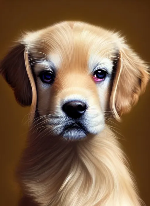 Prompt: a beautiful portrait, golden background, gorgeous fantasy cute puppy, professionally retouched, soft lighting, realistic, smooth face, gorgeous blue eyes, long white hair, cute ears, wide angle, sharp focus on the eyes, 8 k high definition, insanely detailed, intricate, elegant, gorgeous, art by artgerm and wlop