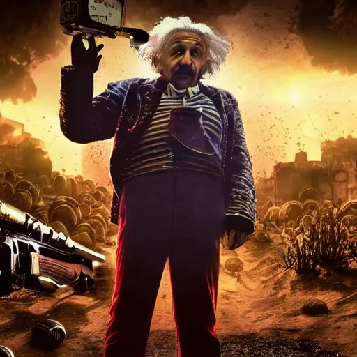 Prompt: albert einstein as willy wonka in gears of war, splash art, movie still, cinematic lighting, dramatic, octane render, long lens, shallow depth of field, bokeh, anamorphic lens flare, 8 k, hyper detailed, 3 5 mm film grain