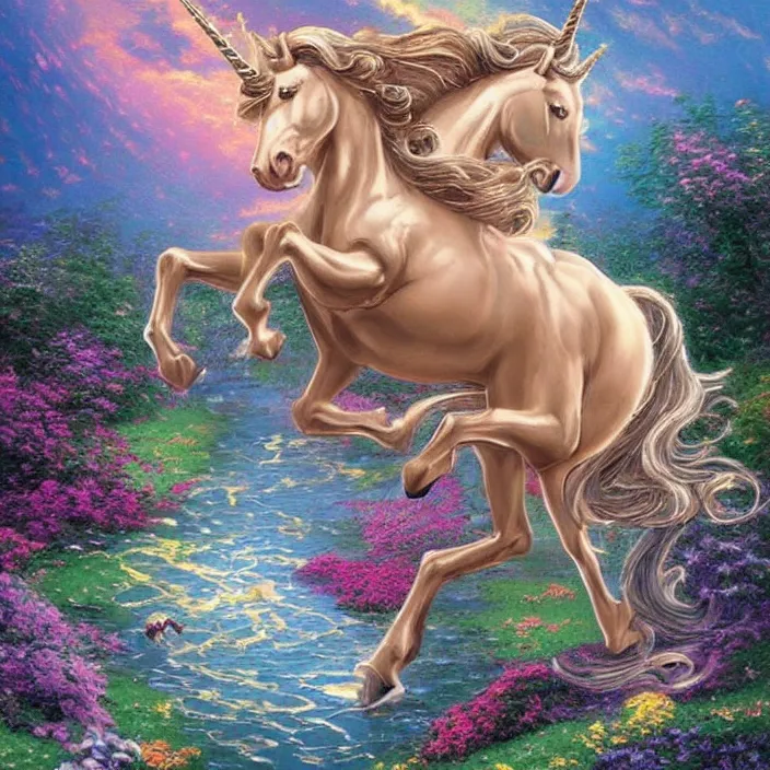 Prompt: a beautiful elegant unicorn running on a rainbow, concept art, intricate details, fierce, powers, comic, art by thomas kinkade