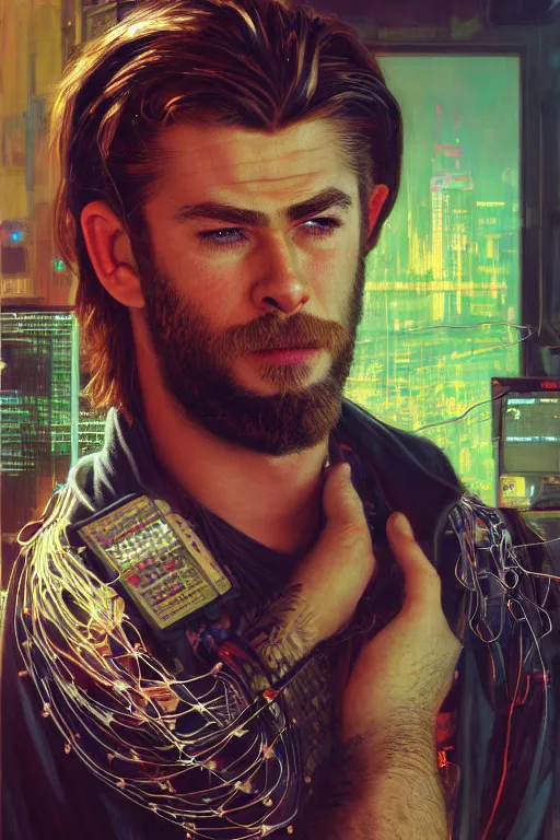 Prompt: hyperrealist cyberpunk portrait of a young ducktail bearded middle eastern chris hemsworth, it is decorated with long computer wires and computer monitors in the cyberpunk office background. by jeremy mann and alphonse mucha, fantasy art, photo realistic, dynamic lighting, artstation, poster, volumetric lighting, very detailed faces, 4 k, award winning