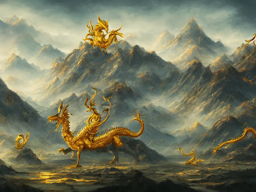 Prompt: a vast landscape painting of a giant golden dragon with horns standing between the mountains with a Chinese temple tower in the distance, trending on artstation, high quality concept art, fantasy, epic composition, detailed and intricate image, cinematic