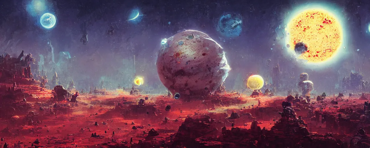 Image similar to ” planet and moons made of blood and rats, [ bubbles, by paul lehr, cinematic, detailed, epic, widescreen, opening, establishing, mattepainting, photorealistic, realistic textures, octane render ] ”