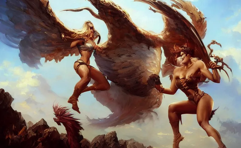 Prompt: A beautiful oil painting of an attractive young woman fighting a phoenix, by Lucas Graciano, Frank Frazetta, Greg Rutkowski, Boris Vallejo, epic fantasy character art, high fantasy, Exquisite detail, post-processing, low angle, masterpiece, cinematic