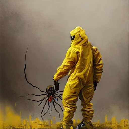 Prompt: a painting of a man in a yellow bio hazard suit holding a bucket and looking at mutant gigantic spider, poster art by jakub rozalski, trending on artstation, nuclear art, apocalypse art, dystopian art, poster art