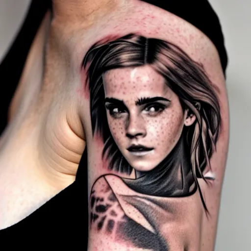 Prompt: man with tattoo of emma watson on arm back