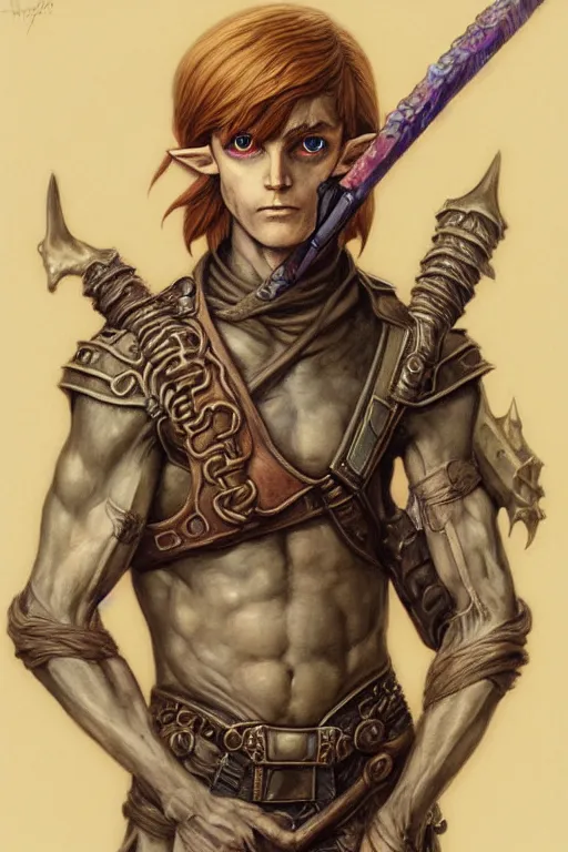 Prompt: a portrait of link from zelda in the style of wayne barlowe, gustav moreau, goward, bussiere, roberto ferri, santiago caruso, luis ricardo falero, austin osman spare