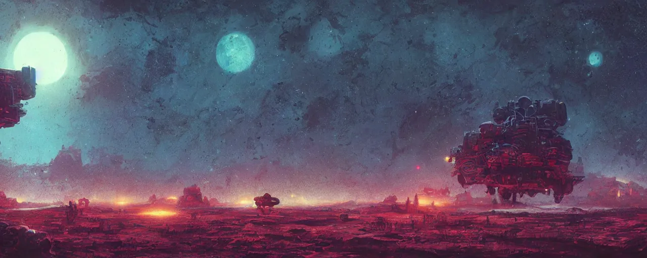 Prompt: ” night at a desolate outer planet made of barren black rock, [ cinematic, detailed, epic, widescreen, opening, establishing, mattepainting, photorealistic, realistic textures, octane render, art by paul lehr ] ”