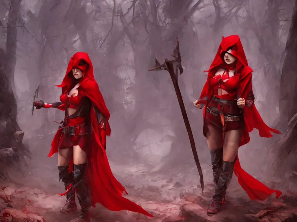 Prompt: a girl in a red hood with a twohanded axe in mysty deep mystical forest, award winning. dramatic. trending on artstation, style by victor hugo queiroz, and jim burns