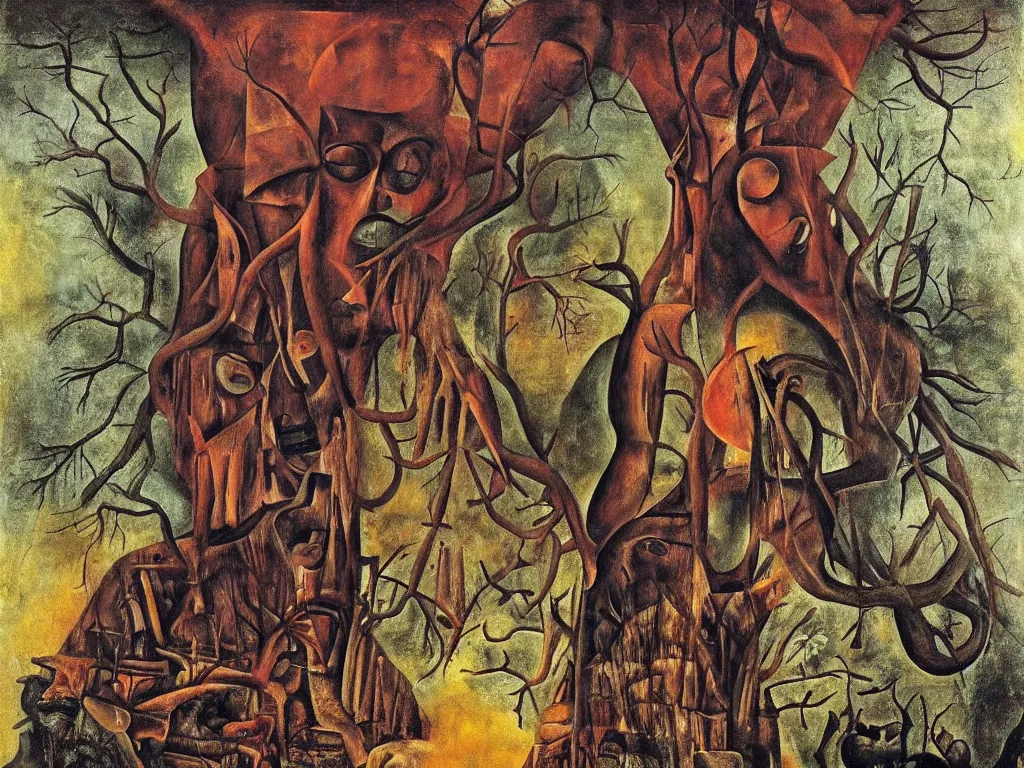 Image similar to Giant African sculpted god in a ravine, fog, melancholy, noise, surreal canopy, fire, harsh, golden light. Painting by Bosch, Frida Kahlo, Yves Tanguy.