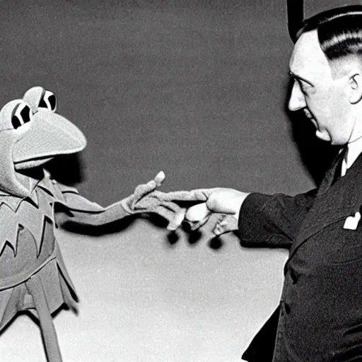 Prompt: kermit the frog and hitler discuss taking over europe